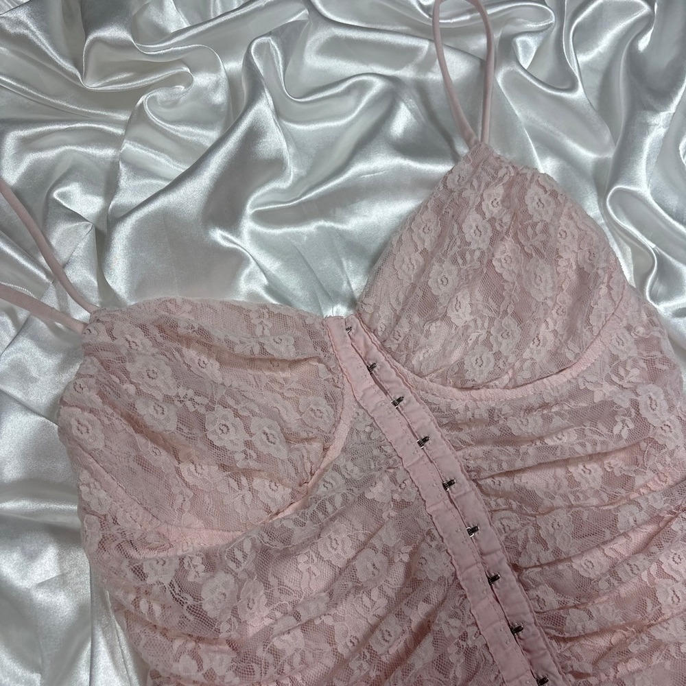 y2k Moa Moa Lace Corset Top Pink Ruched Hook Eye Cami - Picture 3 of 4